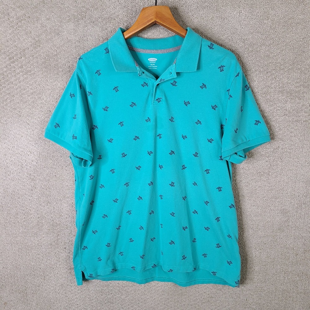 Old Navy Shirt Mens XL Teal Sea Turtle Polo Stretch Cotton Blend Short Sleeve